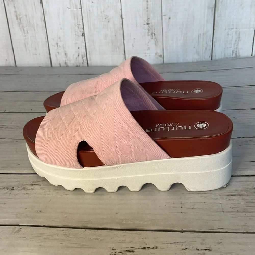 Nurture Roam Willow Knit Flatform Pink Slip-On Sandals.